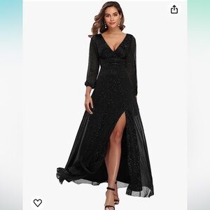 Women's V-Neck, Thigh Slit, A Line, Formal Dress, size 14, black with sparkles